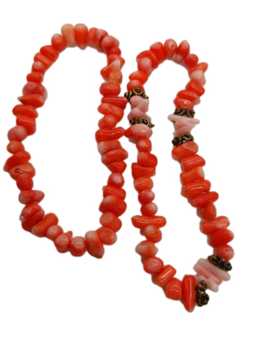 Red Coral Chip Stretch bracelet Set Of 2 Metal Plastic Beads Stones